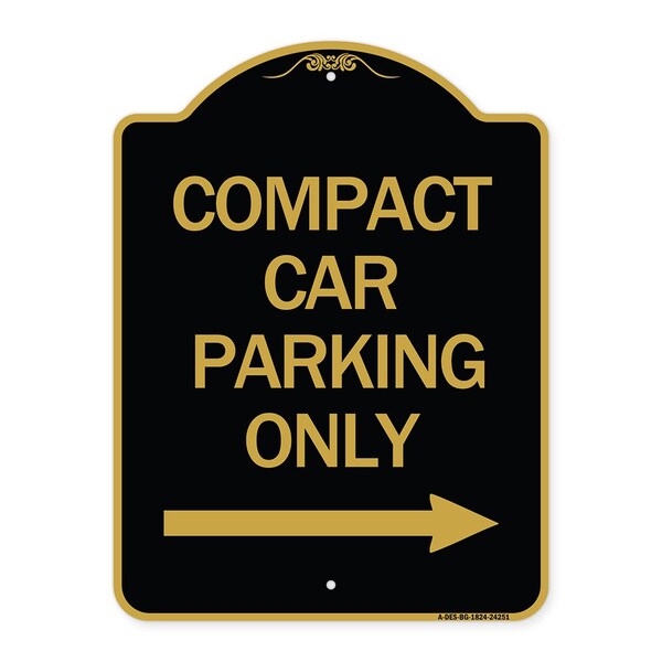 Compact Car Parking W/ Right Arrow, Black & Gold Aluminum Sign, 18" x 24", BG-1824-24251